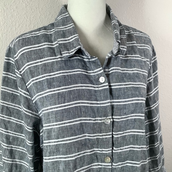 HABITAT Linen Button Up Shirt A-line Stripe Too Coastal Lagenlook Artsy Gray L - Picture 3 of 12